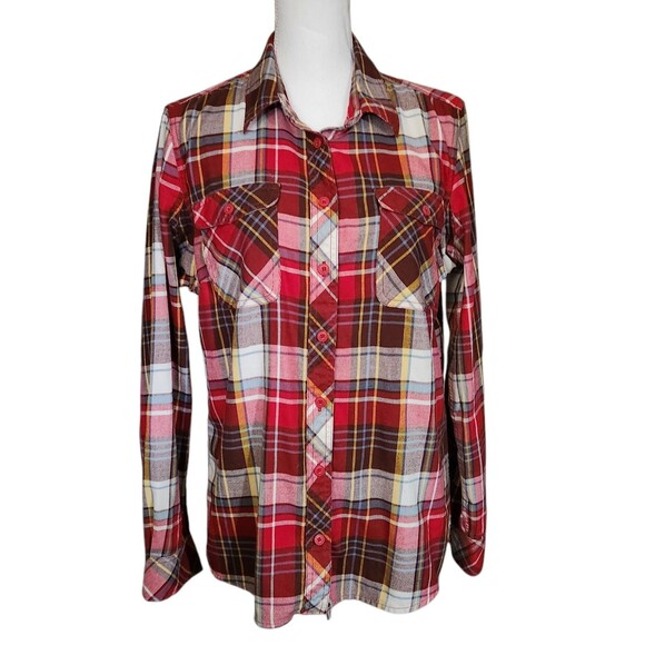 Duluth Trading Co. Flannel Shirt Red Plaid Roll Tab Sleeves Pockets Womens L - Picture 1 of 10